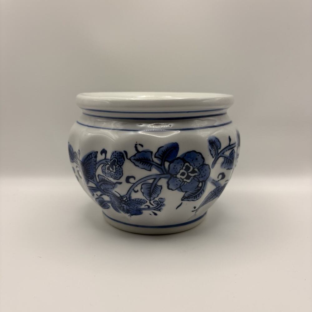 Blue White Floral Butterfly Planter Flower Pot Vintage Chinese Style
